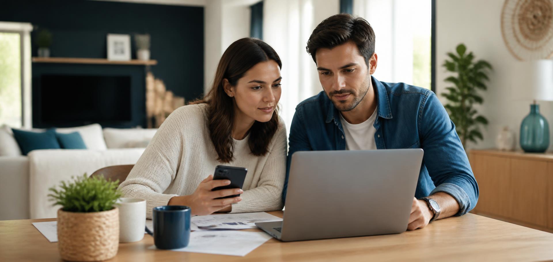 Un couple prépare son projet de financement sur un ordinateur portable